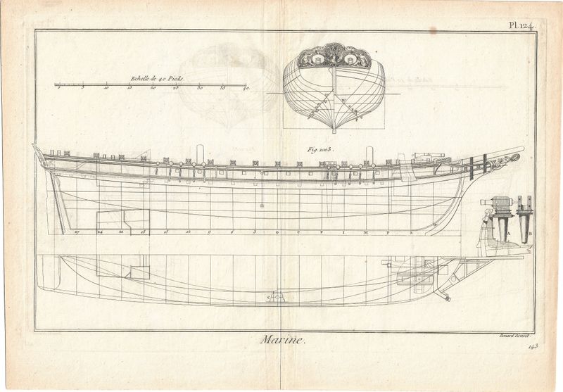 1750  Copper Engraved Plan of a Small Ship by Bernard for the Diderot Encyclopedia