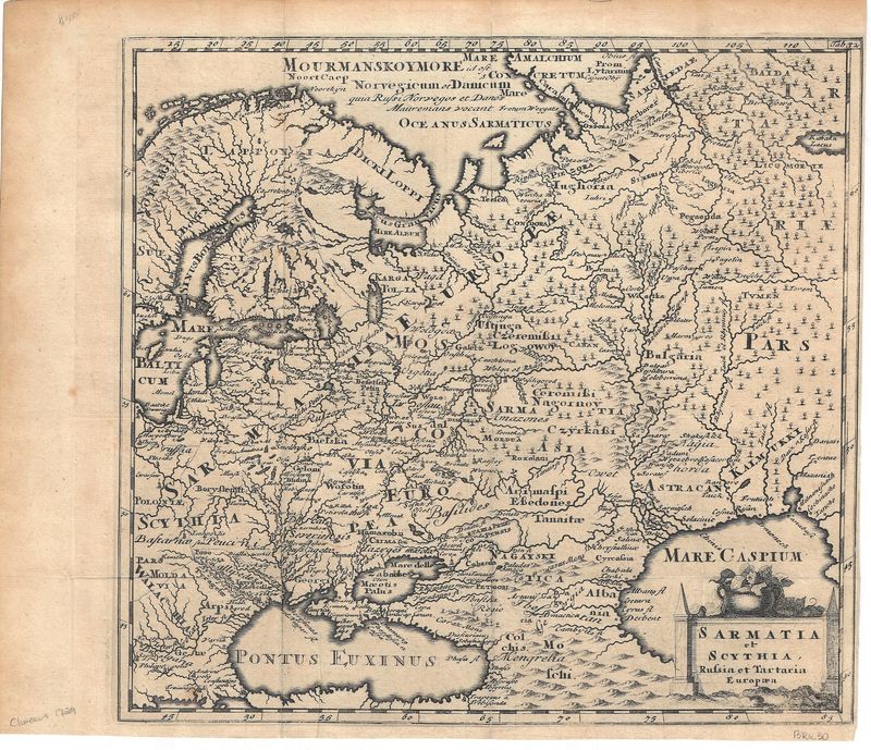1729 Map of Sarmatia et Scythia Russia Tartary by Cluverius