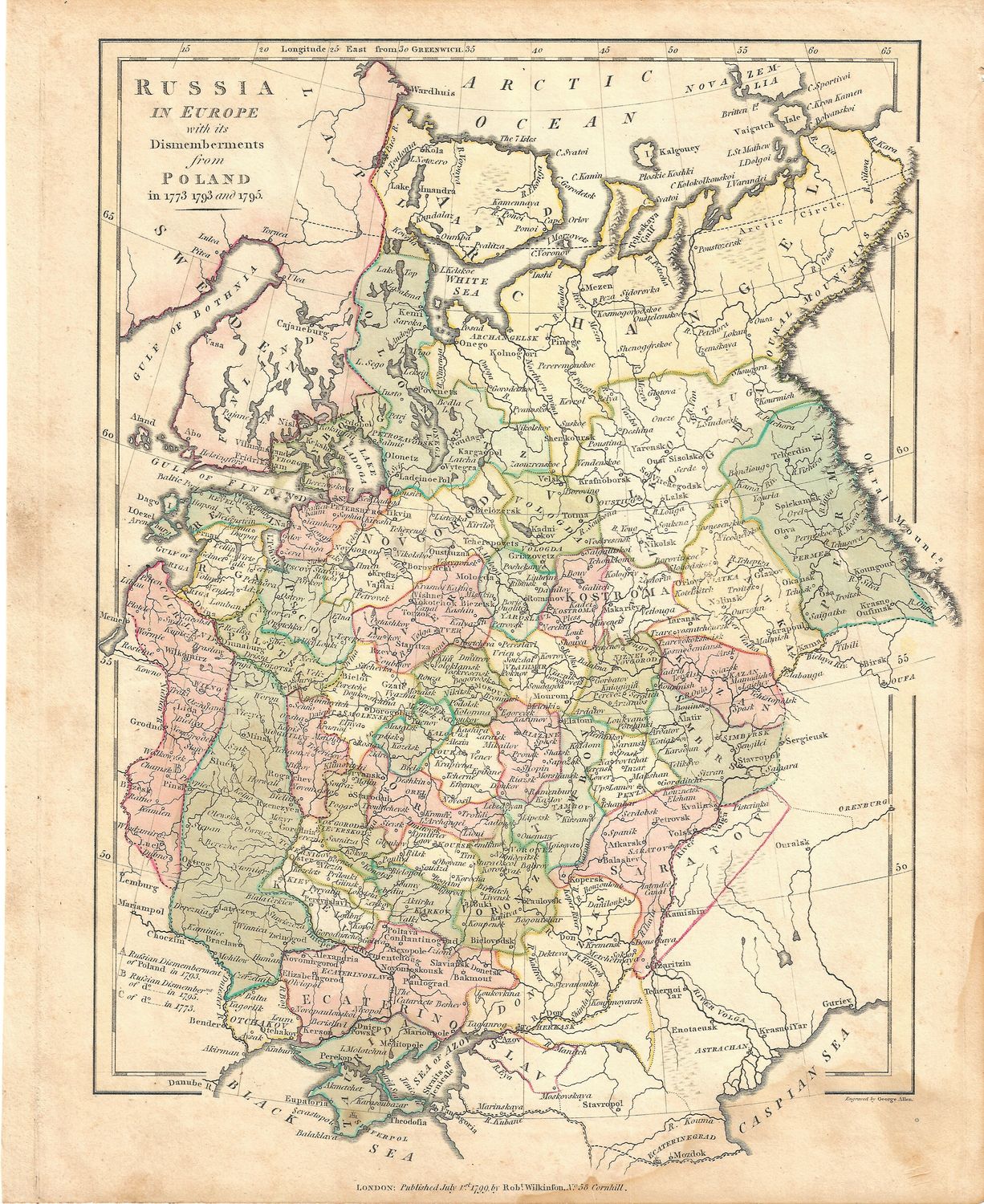 1799 Map of Russia in Europe with the dismemberments of Poland