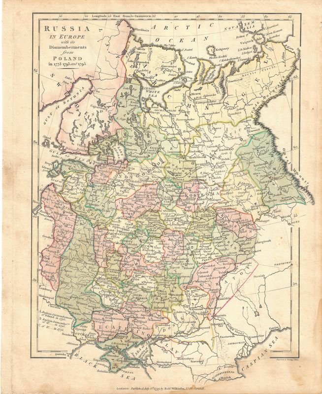 1799 Map of Russia in Europe with the dismemberments of Poland