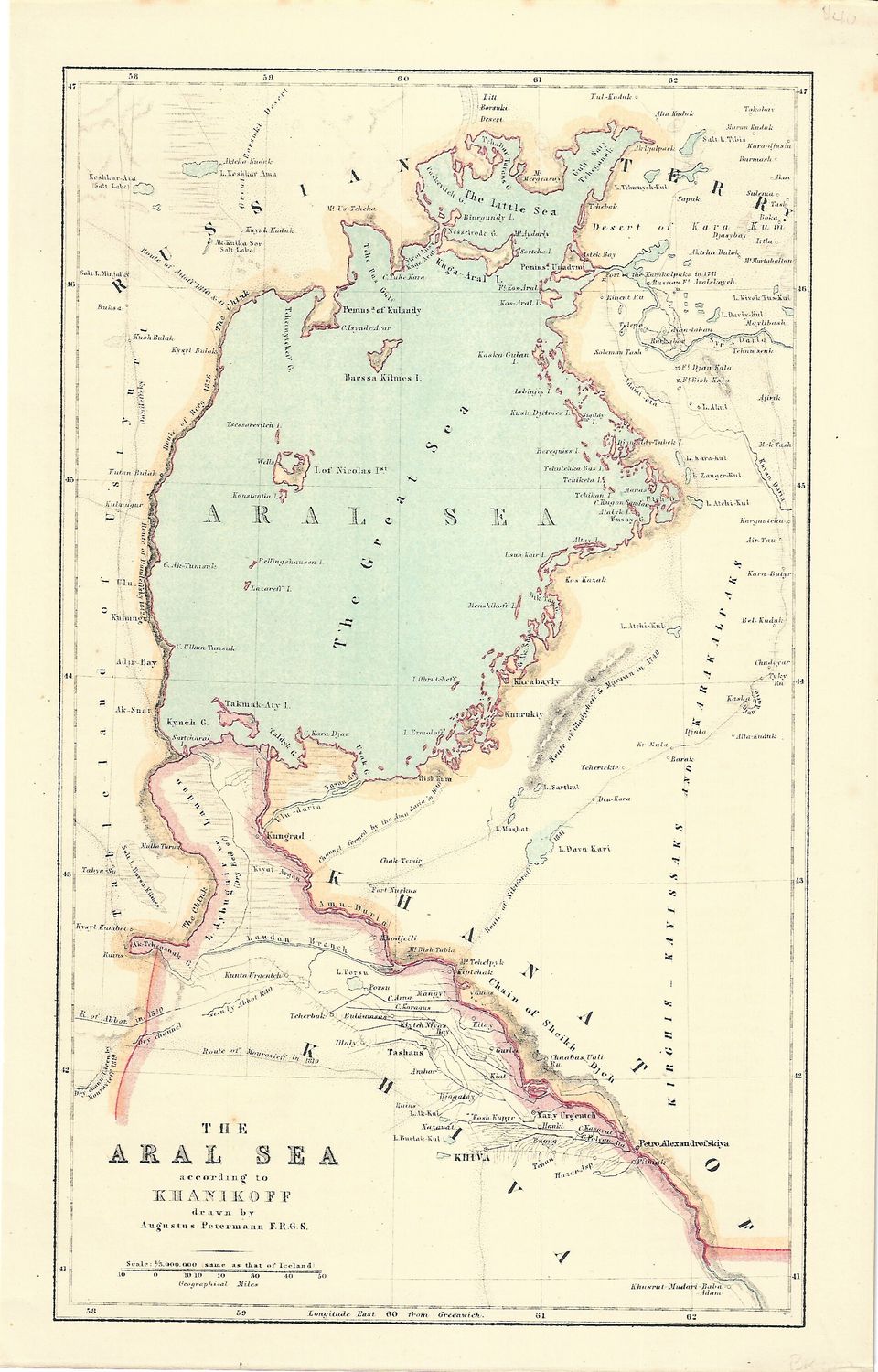 1874 Map of the Aral Sea according to Khanikoff by A. Petermann