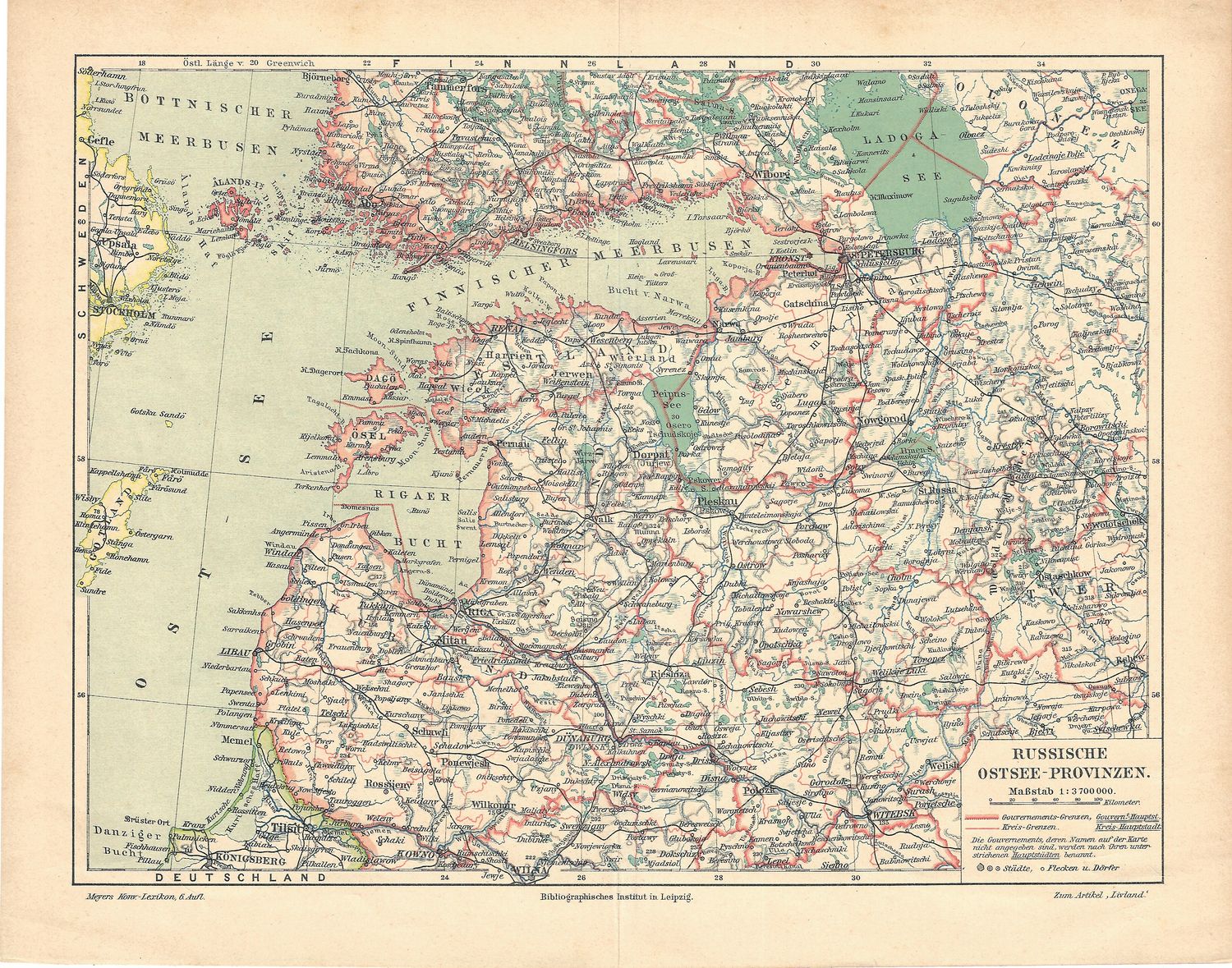 1910 Map of Russiche Ostsee-Provinzen by the Bibliographic Inst. in Leipzig