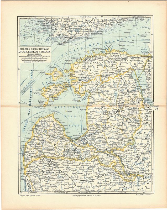 1912 Map of Russian Baltic Provinces by Meyers Konv. Lexicon