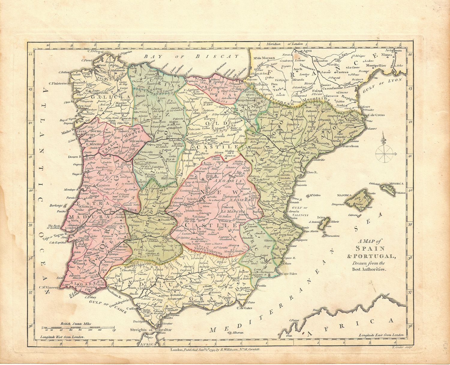 1794 Map of Spain and Portugal by R. Wilkinson