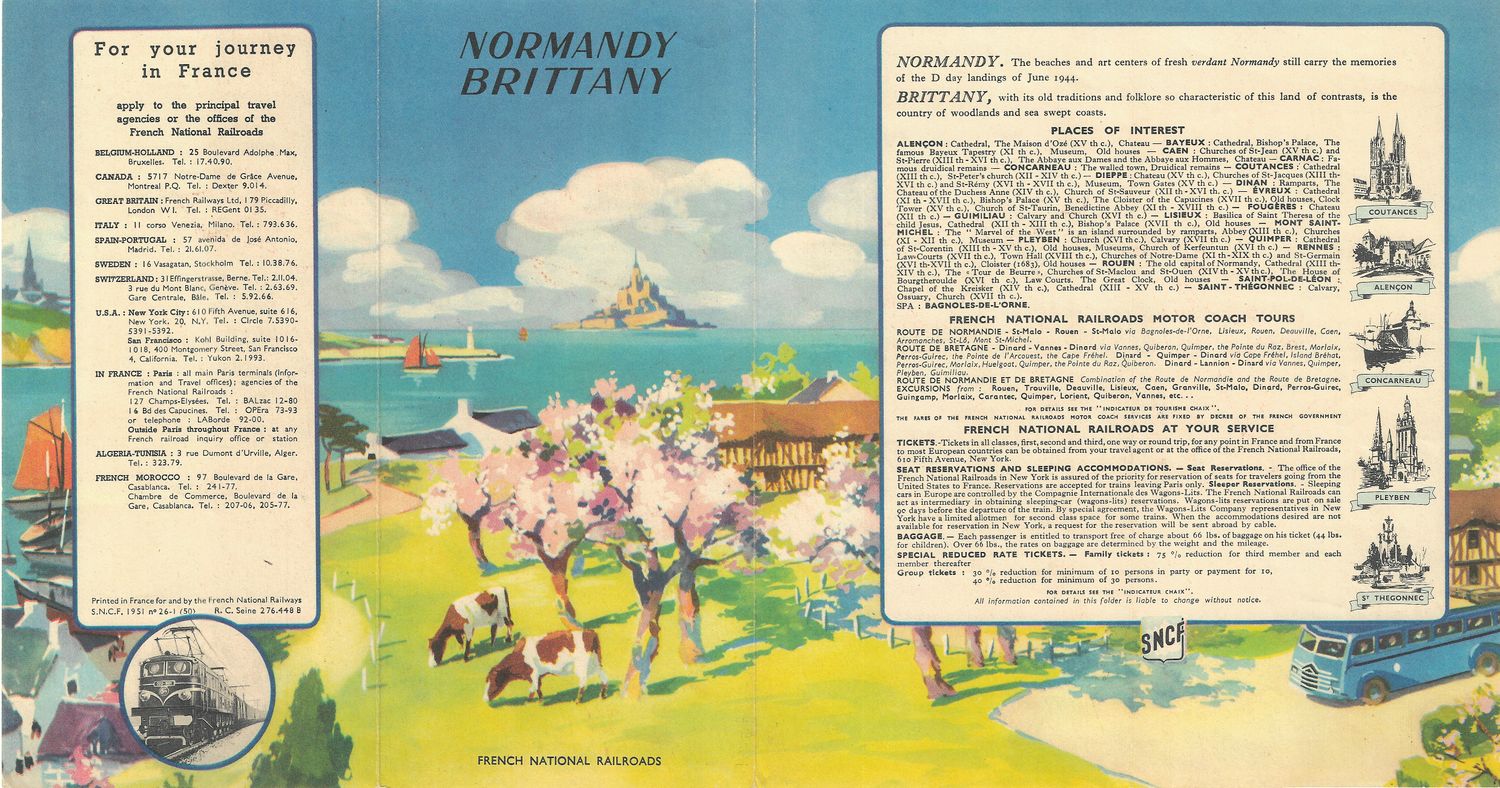 1951 Railway Map of Normandy &amp; Brittany France by the French National Railways