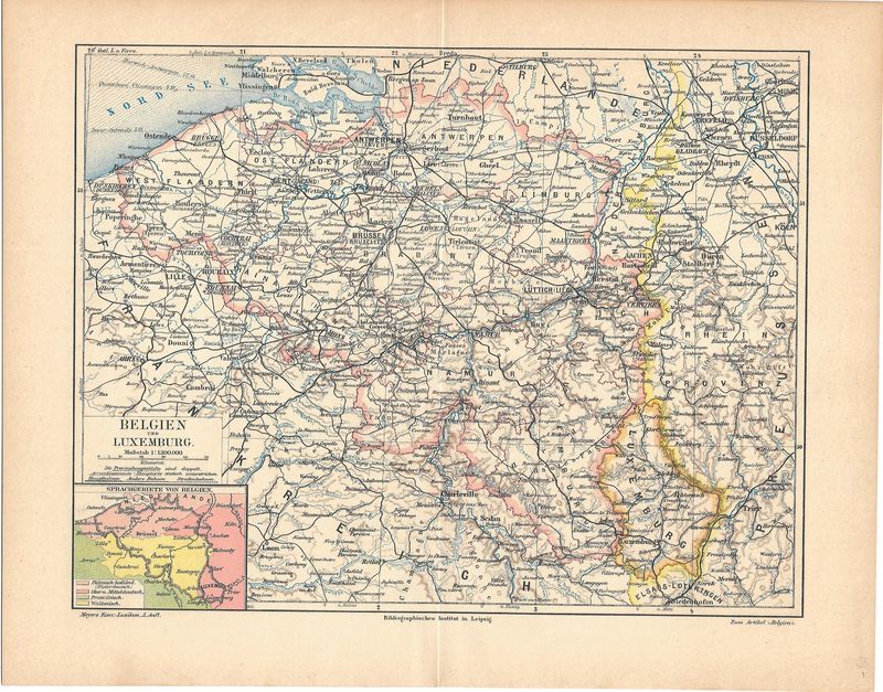 1912 Map of Belgium and Luxembourg by the Bibliographic Inst. in Leipzig