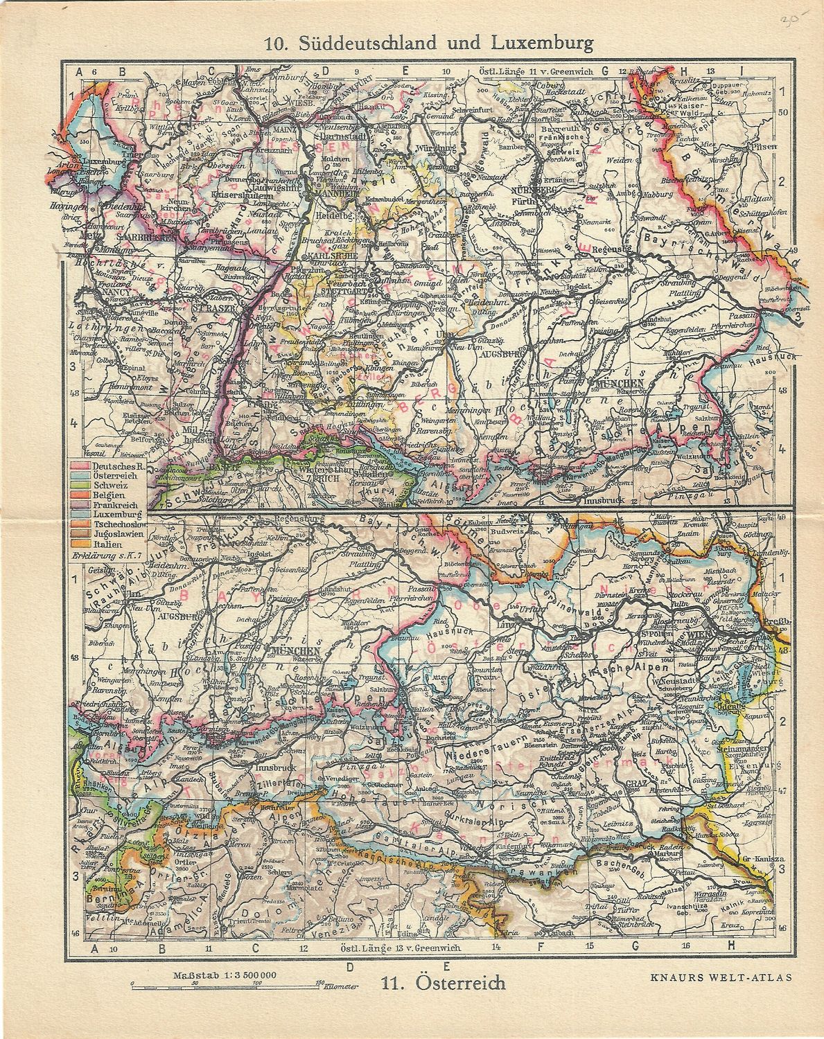 1926 Map of Southern Germany &amp; Luxembourg  / Austria by Knaurs Welt-Atlas