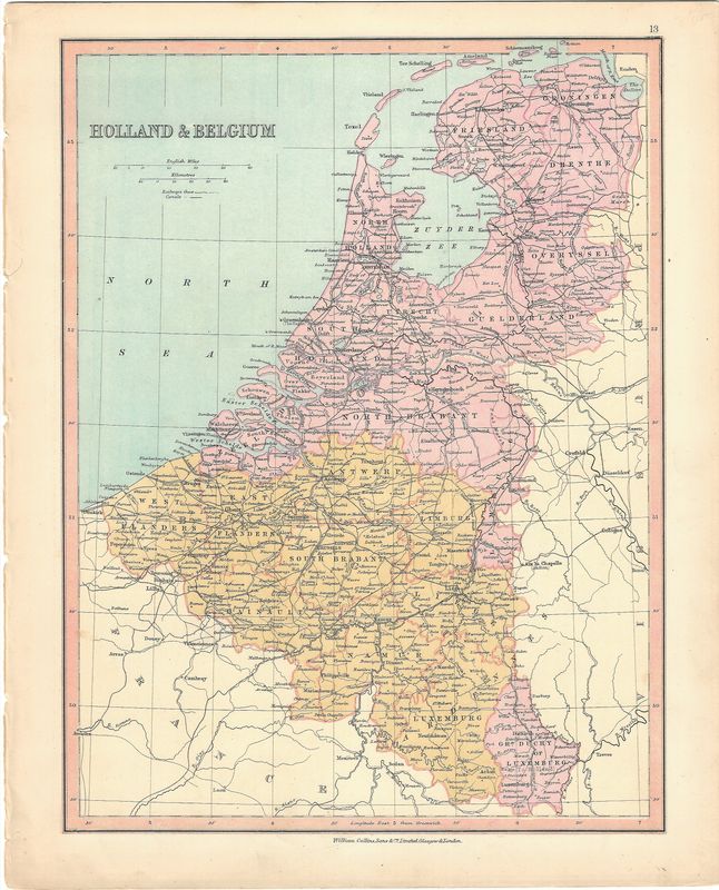 1879 Map of Holland and Belgium by Wiliam Collins &amp; Son