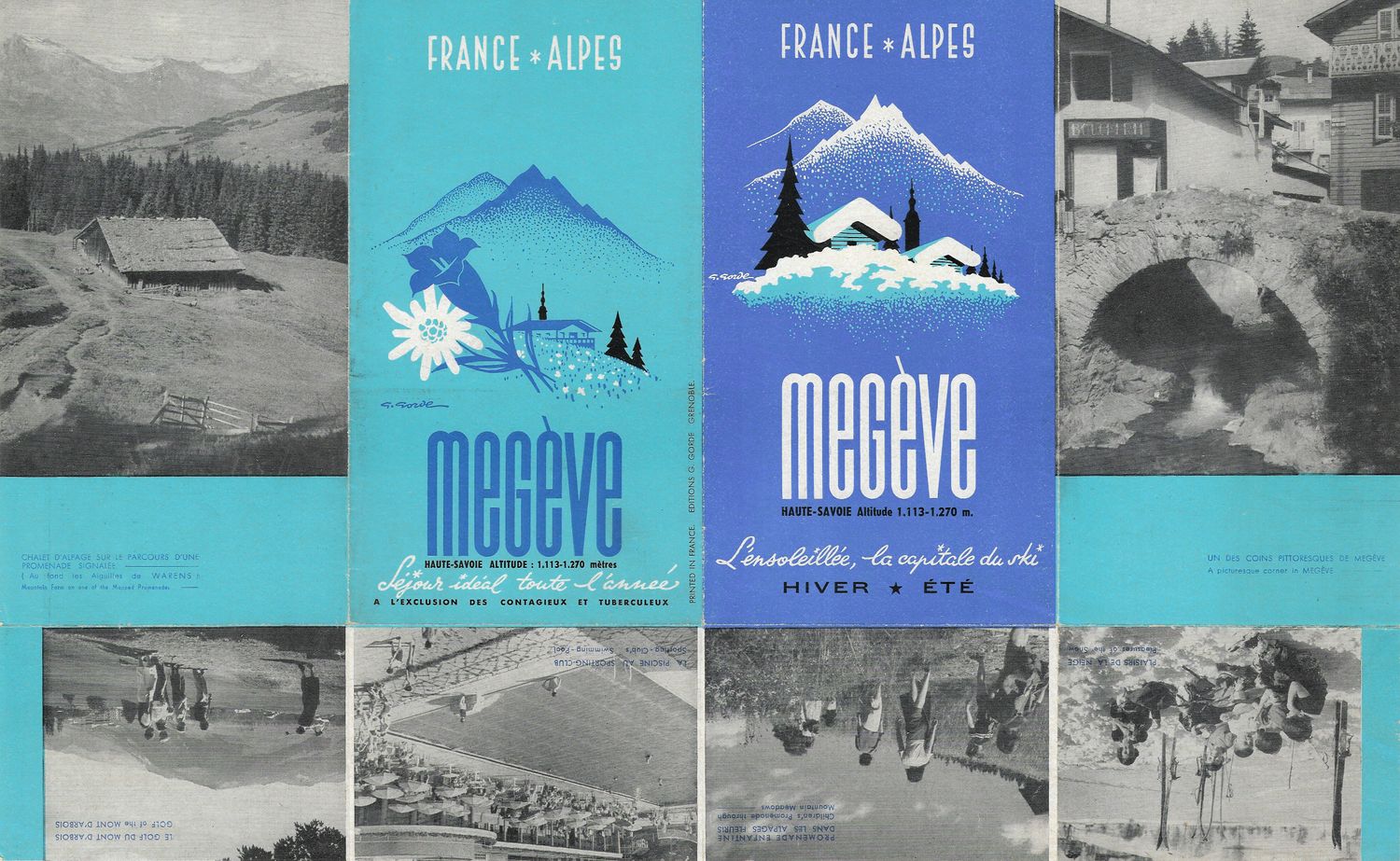1955 Map of Megeve France w/ Images of Ski Slopes