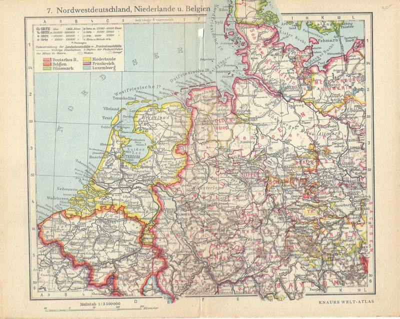 1926 Map of Northwest Germany, Netherlands and Belgium by Knaurs Welt-Atlas