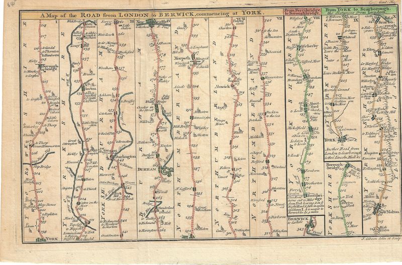 1750 Strip Map of English Roads -London to Berwick by John Gibson