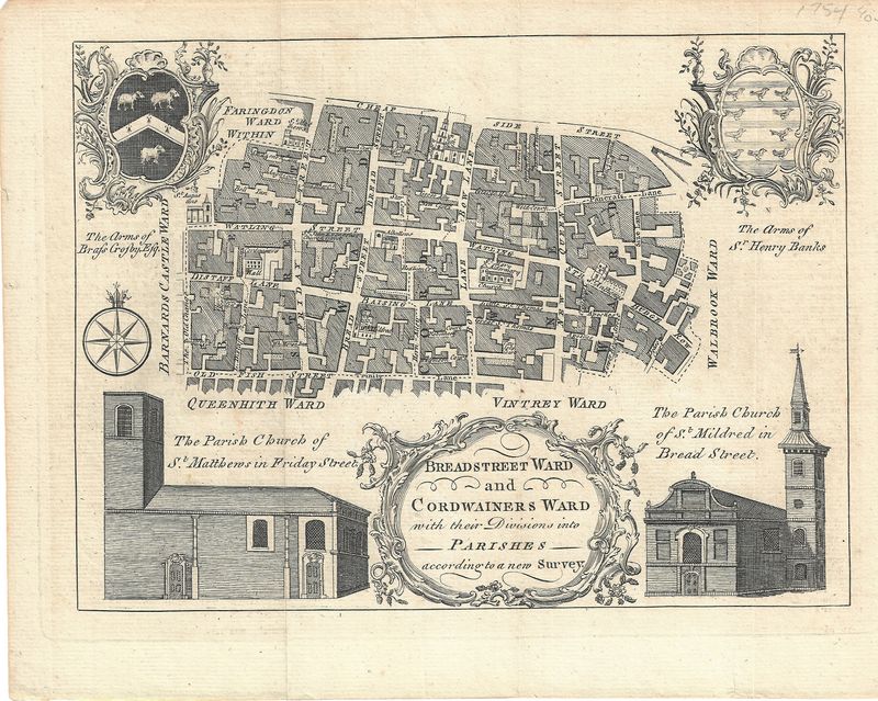 1754 Map of the Parishes of Breadstreet Ward and Cordwainers Ward