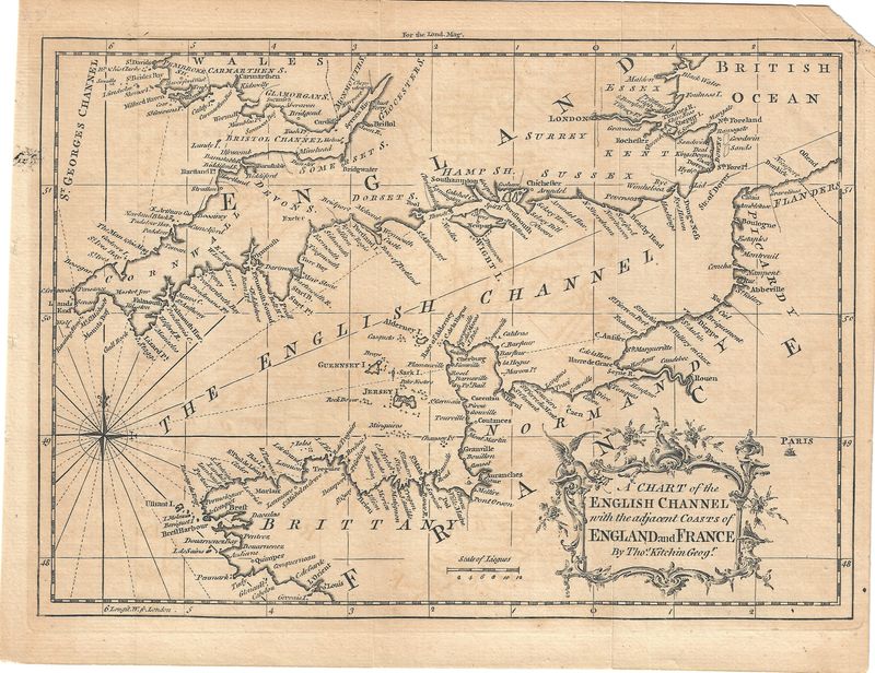 1758 Chart of the English Channel with Coasts of England and France by Thomas Kitchin