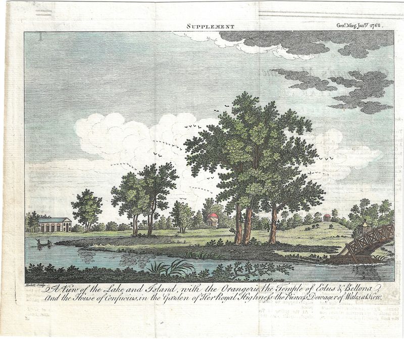 1768 View of the Lake  &amp; Island with the Orangerie , ...etc ...in the Garden at Kew
