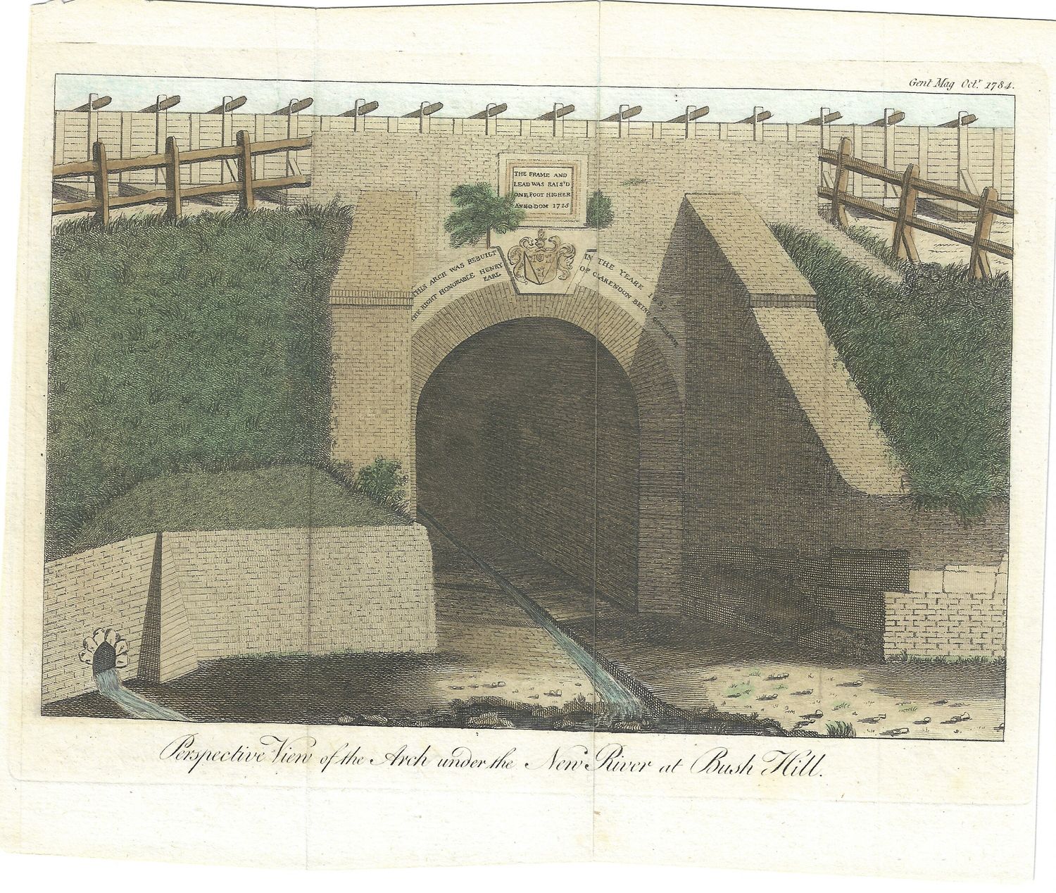 1784 Perspective View of the Arch under New River at Bush Hill England w/ color