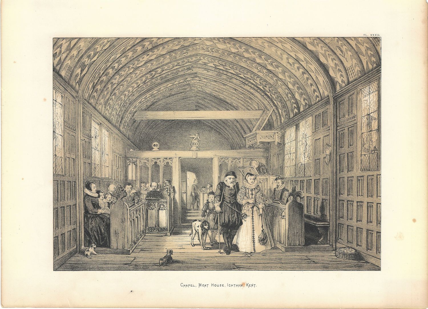 1830 View of The Chapel &amp; Moat House at Ichtham, Kent