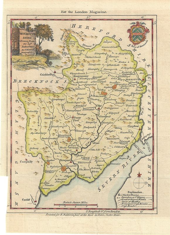 1750 Map of Monmouth Shire by Thomas Kitchin w/ HC