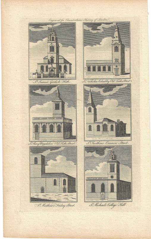 1750 View of English Churches from Chamberlain's History of London -each 