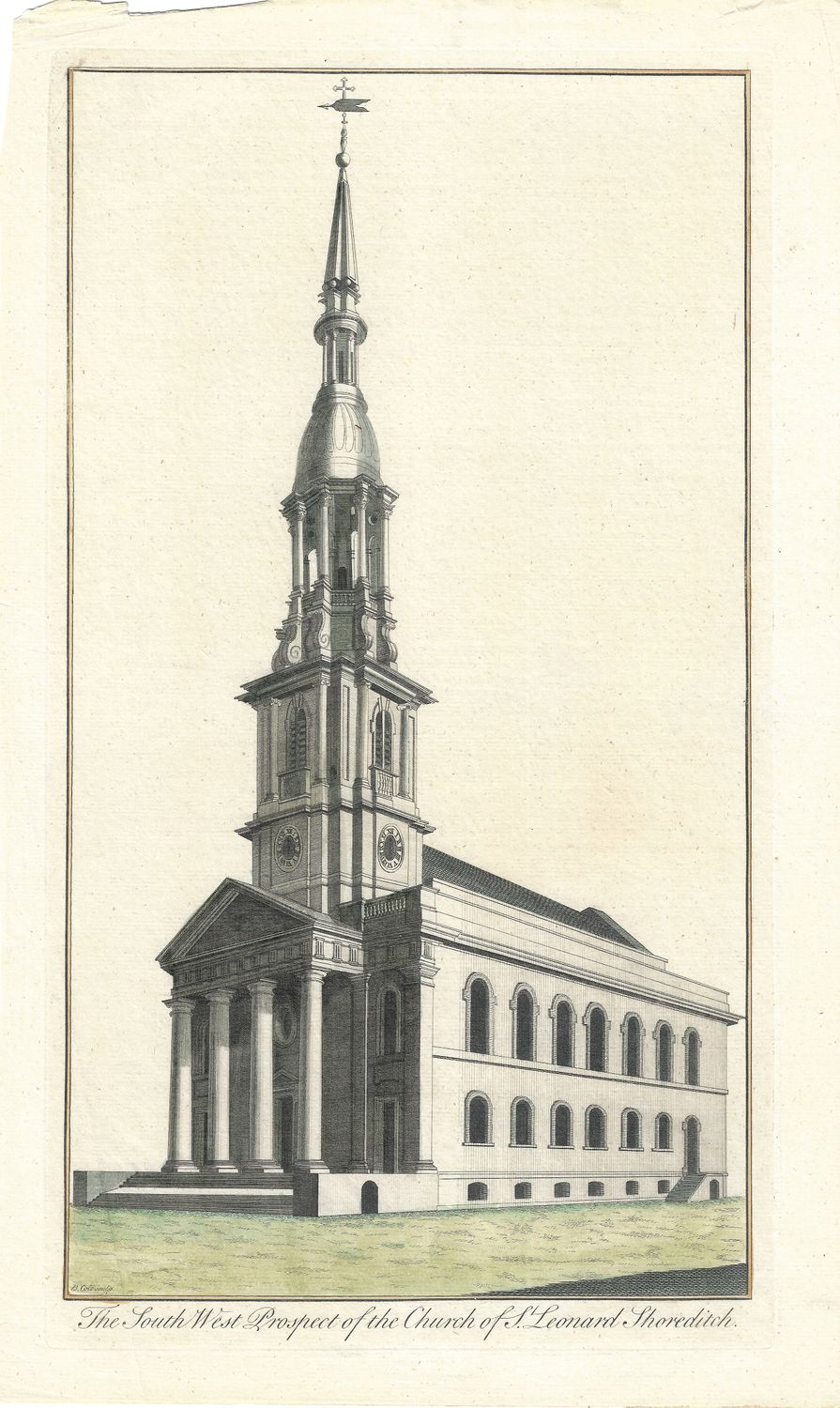 1810 SW View of St. Leonard's Church Shoreditch London by R. Cole w/hc
