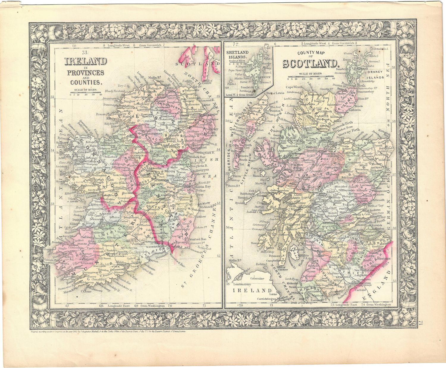 1866 (1860) Map of Ireland and Scotland by S. Augutus Mitchell