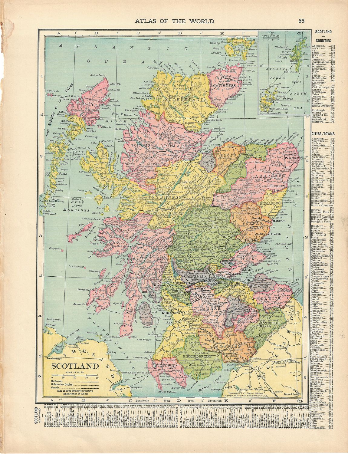 1910 Map of Scotland &amp; Ireland by CS Hammond