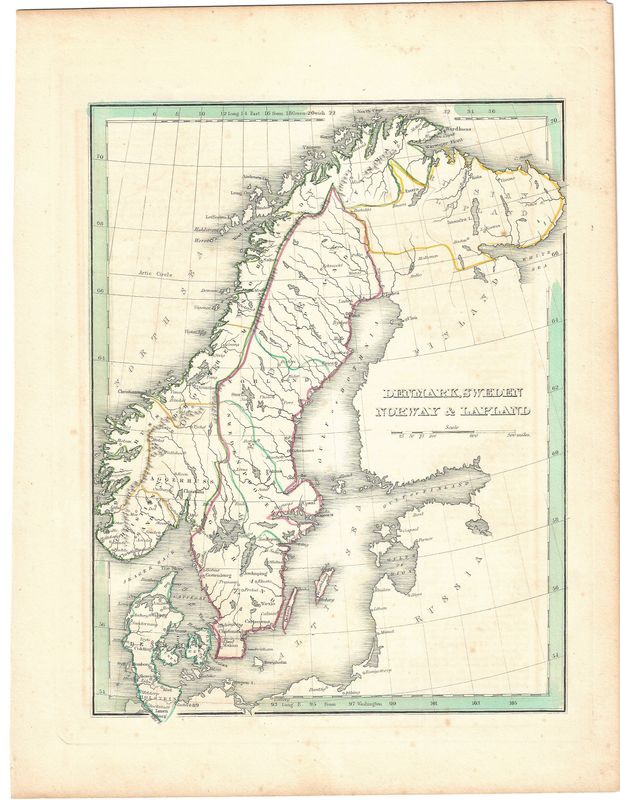 1835 Map of Denmark, Sweden, Norway &amp; Lapland by Bradford w/ohc