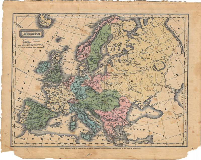 1829 Map of Europe with Enumerated Towns &amp; Universities by Woodbridge