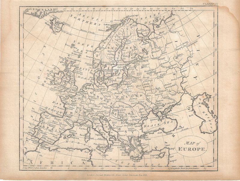 1836 Map of Europe by Samuel Holdsworth