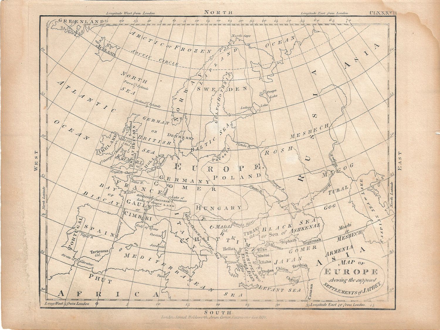 1836 Map of Europe showing settlements of Japhet by Samuel Holdsworth