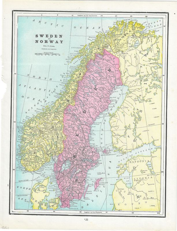 1892 Map of Sweden and Norway by George Cram