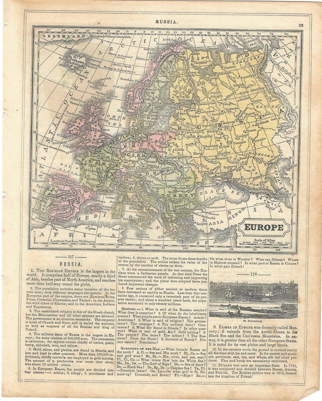 1855 Map of Europe from Mitchell's School Atlas
