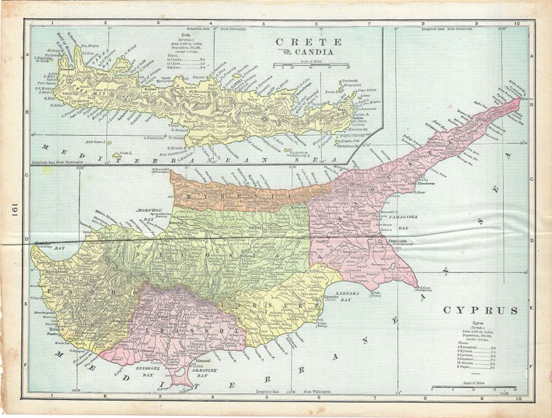 1888 Map of Cyprus and Crete by George Cram