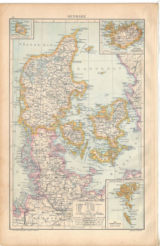 1893 Map of Denmark by the Atlas Pub Co. Leipzig