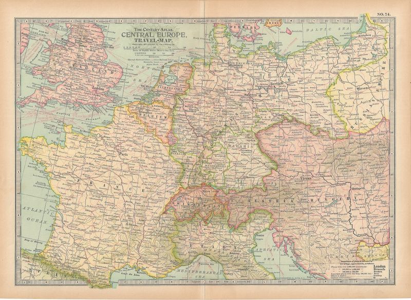 1911 A Travel Map of Central Europe by The Century Atlas