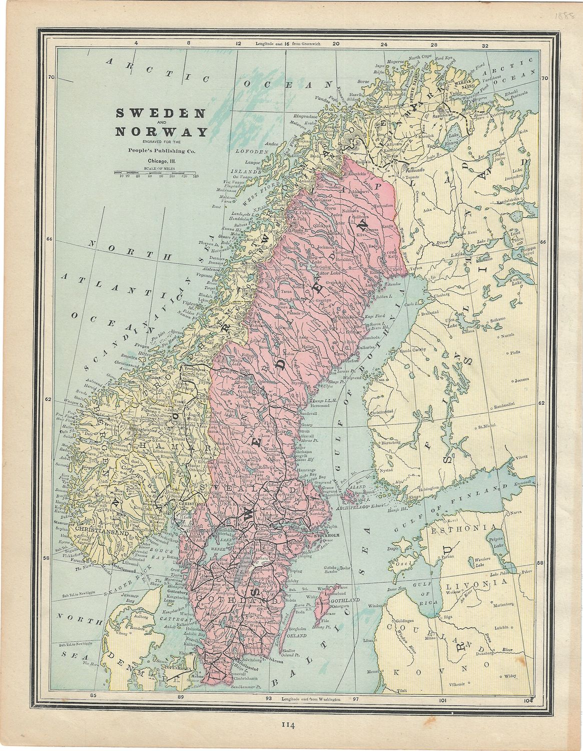 1888 Map of Sweden and Norway by People&#39;s Pub Co.