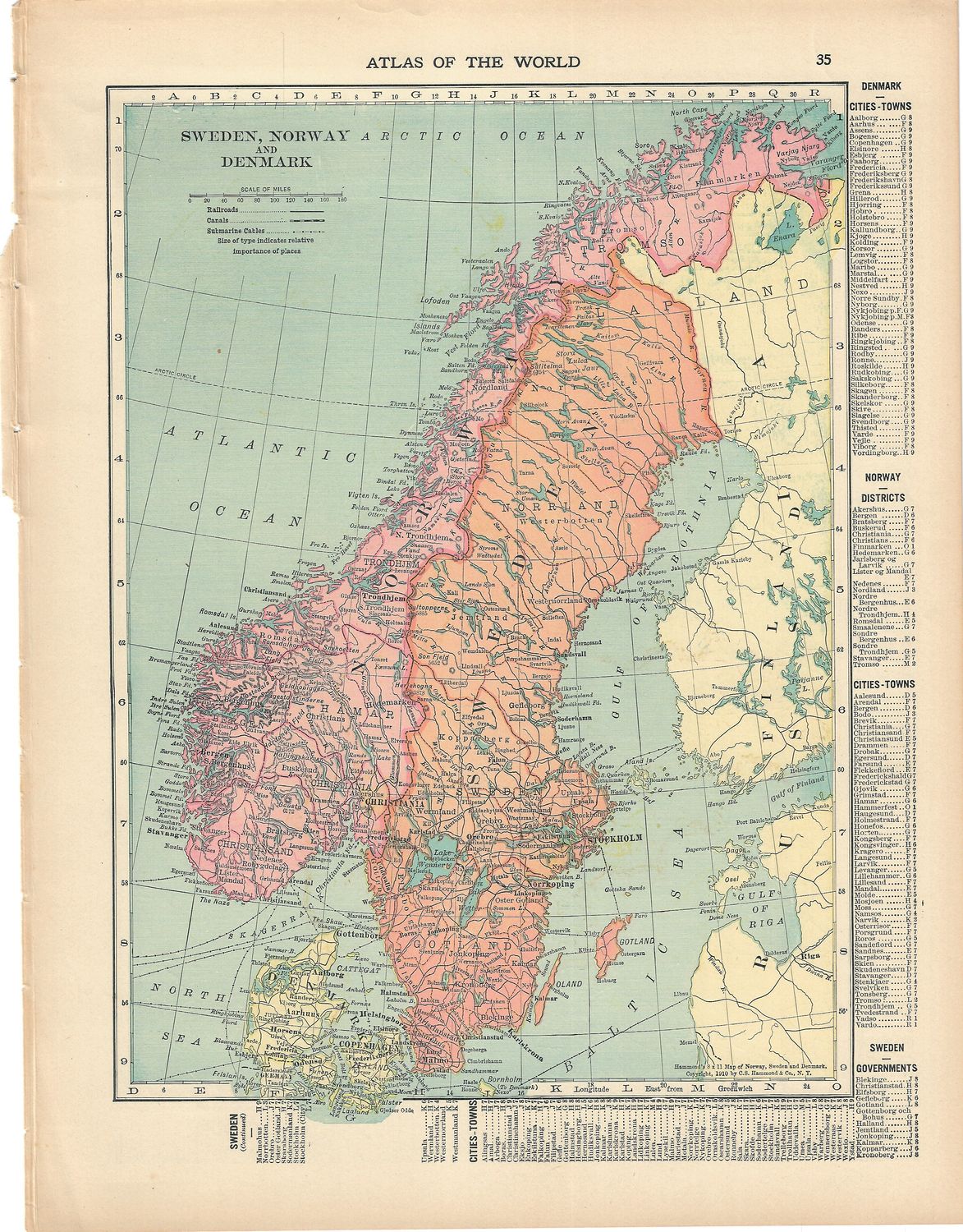 1910  Map of Sweden, Norway &amp; Denmark by C.S. Hammond