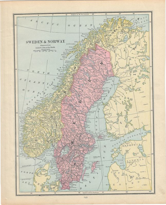 1892 Map of Sweden and Norway by Gaskell's School Atlas