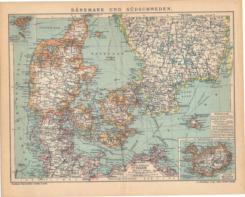 1912 Map of Denmark and S. Sweden by F.A. Brockhaus