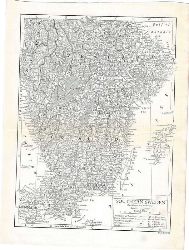 1909 Map of Southern Sweden by Emery Walker