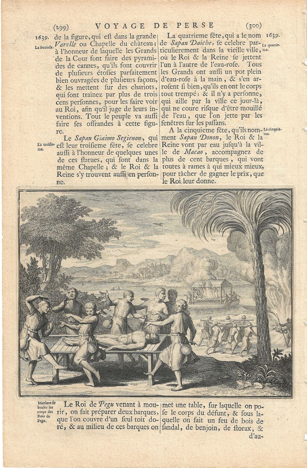1719 View of Funeral Rituals, Roi de Pegu Pgs 297-300 from Voyage de Perse