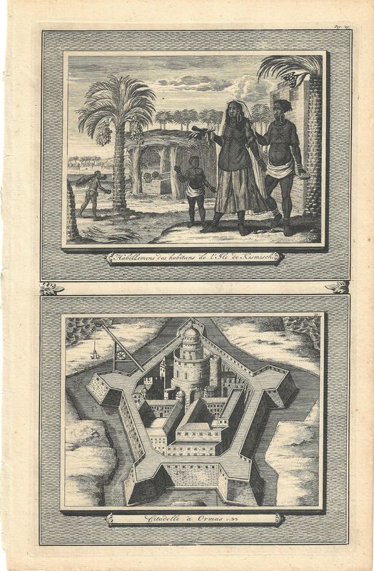 1719 View of the Citadelle a Ormus &amp; Habitans de Kismisch from A.de Mandelslo Voyages