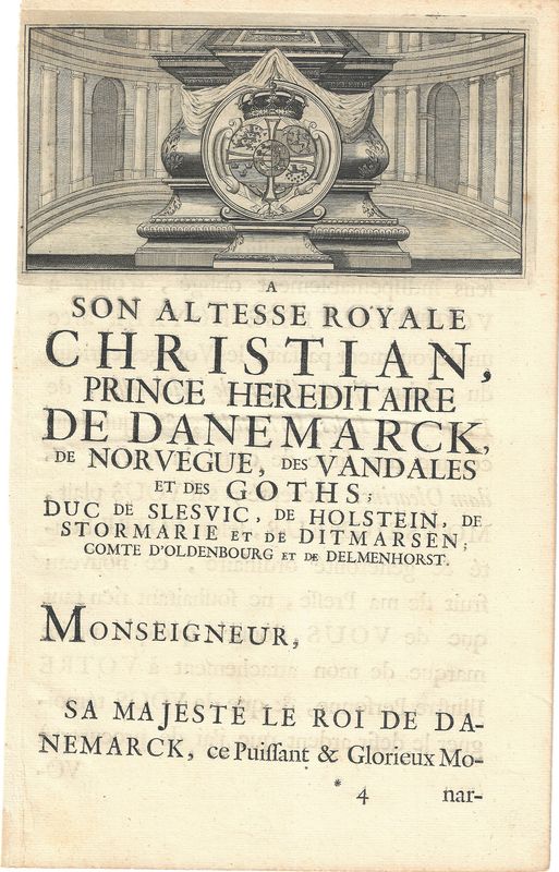 1719 Dedication sheet to the King of Denmark with device &amp; text from Les Voyages du Sieur by Albert deMandelslo