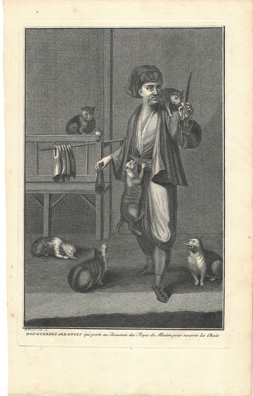 1726 View of  Dgi-Guerdgi Albanois &amp; his Cats  from Ceremonies et Costumes by B.Picart