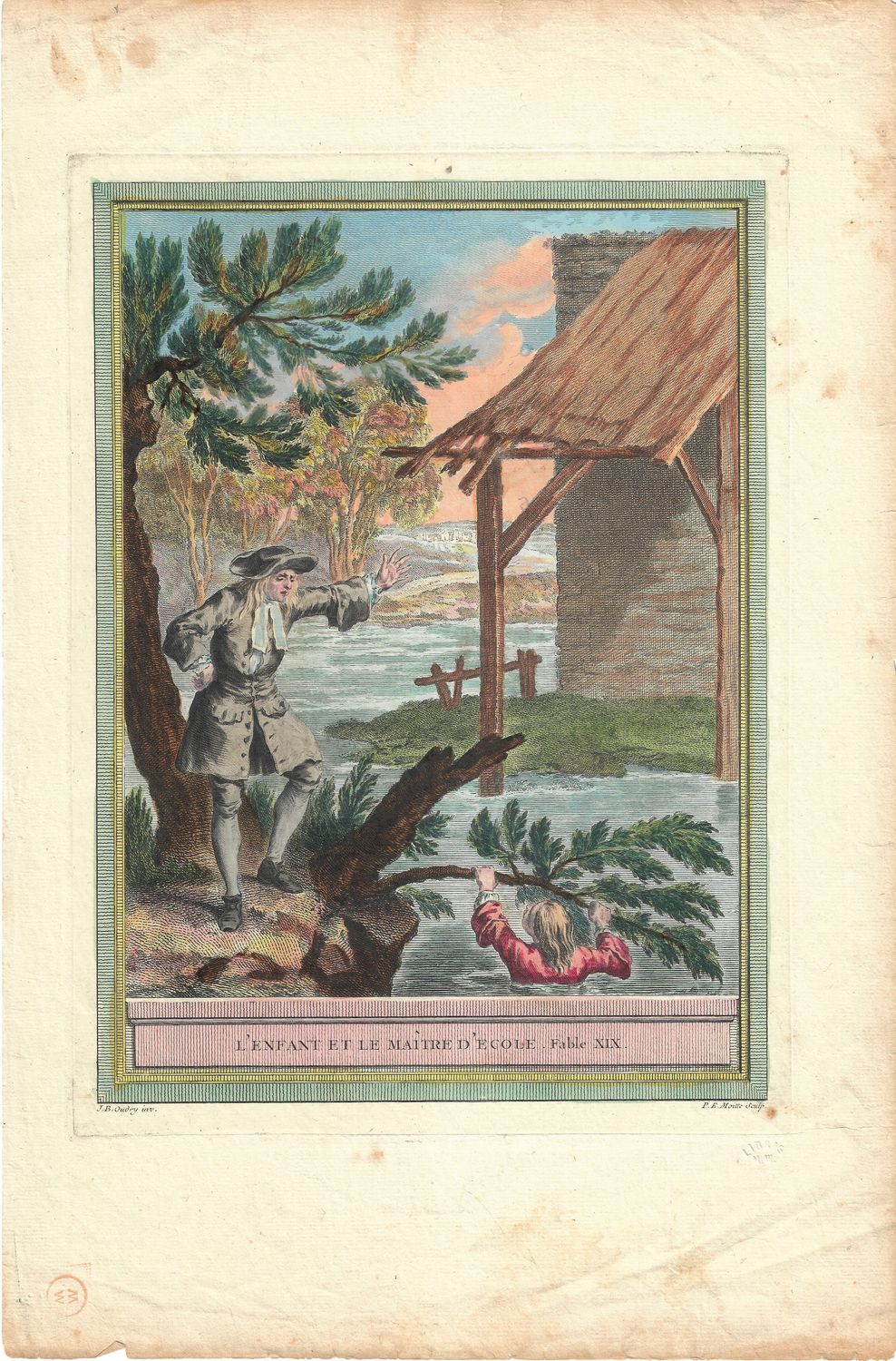 1755 View of  L&#39;Enfant et le Maitre D&#39;Ecole from Fables Choisies Mises en Vers by  J.B.Oudry