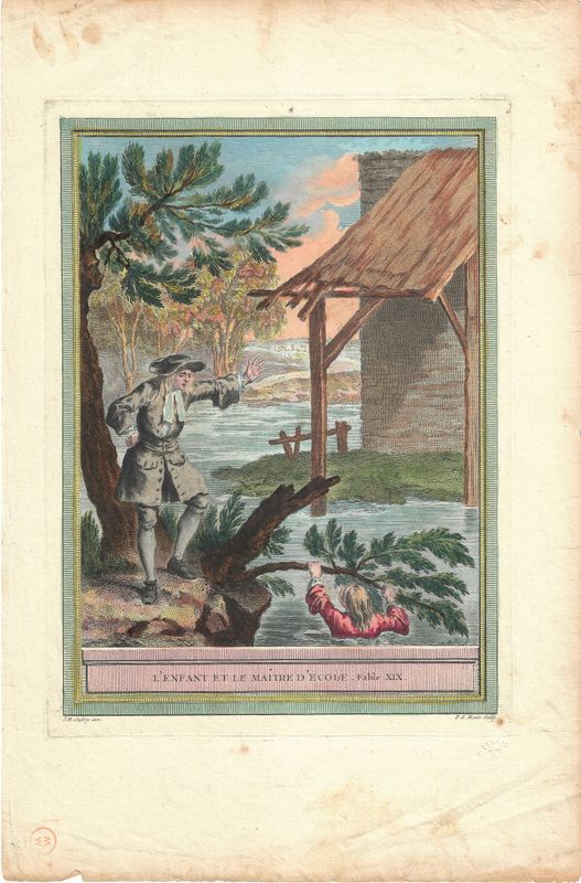 1755 View of  L'Enfant et le Maitre D'Ecole from Fables Choisies Mises en Vers by  J.B.Oudry