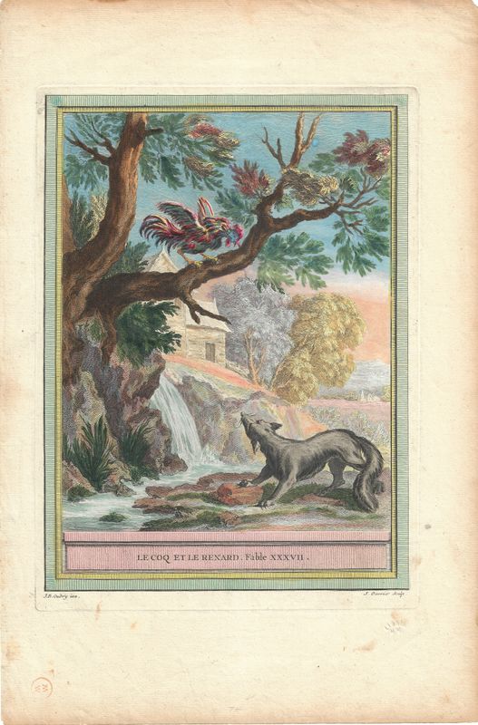1755 View of  Le Coq et Le Renard from Fables Choisies Mises en Vers by  J.B.Oudry