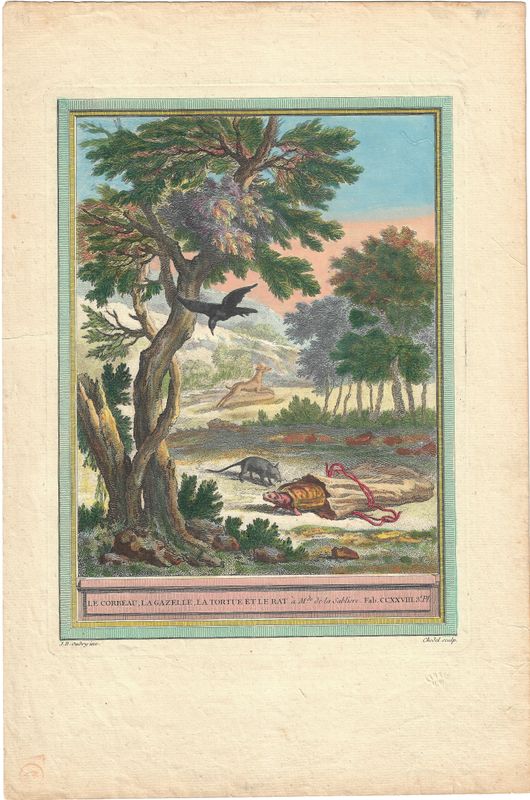 1755 View of Le Corbeau, Gazelle, Tortue et Rat from Fables Choisies Mises en Vers by  J.B.Oudry
