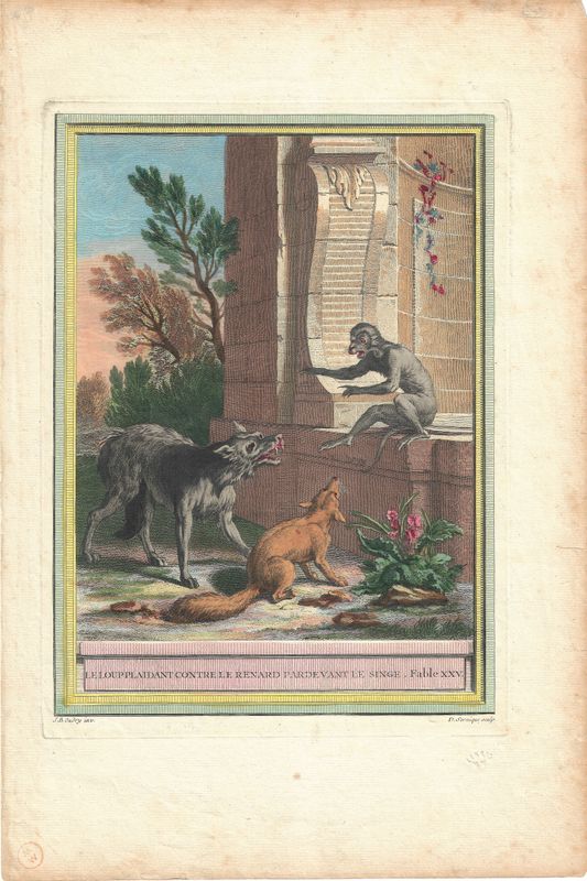 1755 View of Le Loupplaidant, Le Renard et le Singe from Fables Choisies Mises en Vers by  J.B.Oudry