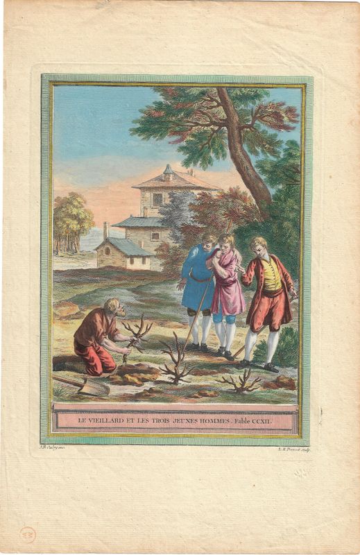 1755 View of Le Viellard et 3 juene Hommes from Fables Choisies Mises en Vers by  J.B.Oudry