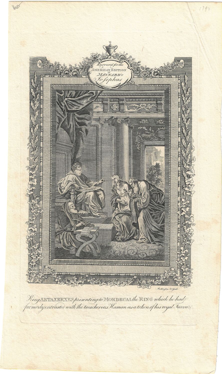 1780 View of King Artaxerxes presenting the Ring by A. Doolittle for American Edition of Maynard&#39;s Josephus